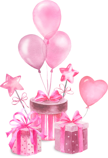 Gift boxes and pink balloons .